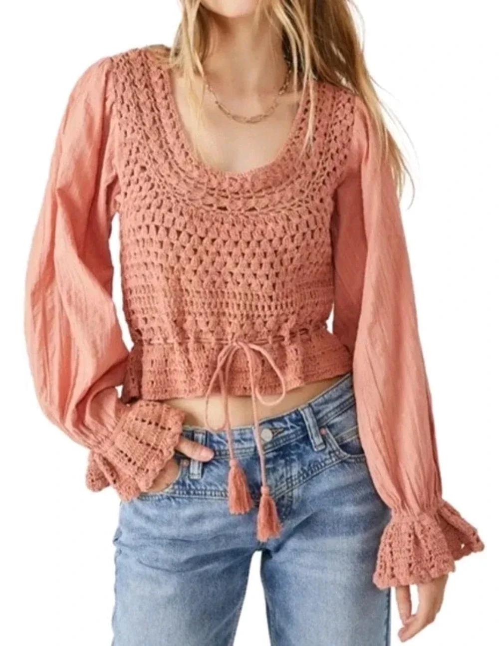 Free People Megan crochet balloon sleeve top Size Medium Boho Festival Hippie